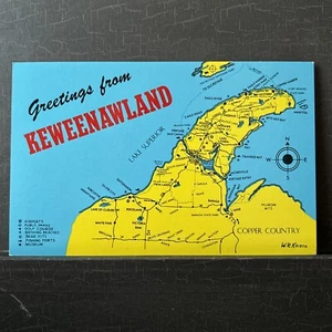 Greetings from Keweenawland MI Michigan map w attractions Chrome Postcard UNP - Picture 1 of 2