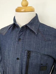 G Star Raw Biker Rinsed Denim Shirt Mens Medium Blue Long Sleeve Zipped Pocket - Picture 1 of 12
