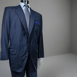 Savile Row Bespoke Benson Clegg Wool Blue Stripe Flat Front Suit Men’s 48 R - Picture 1 of 16
