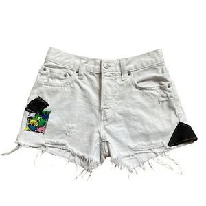 Upcycled High Rise Jean Shorts Reworked Grunge Concert Grateful Dead Bears S 25 - Picture 1 of 15