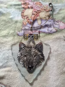 Arrowhead Stained Glass Wolf Sun Catcher Native American 9" Double Sided Leather - Picture 1 of 12