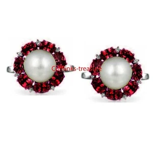 Natural Garnet Pearl & CZ Gemstones With 925 Sterling Silver Cufflinks #566 - Picture 1 of 3