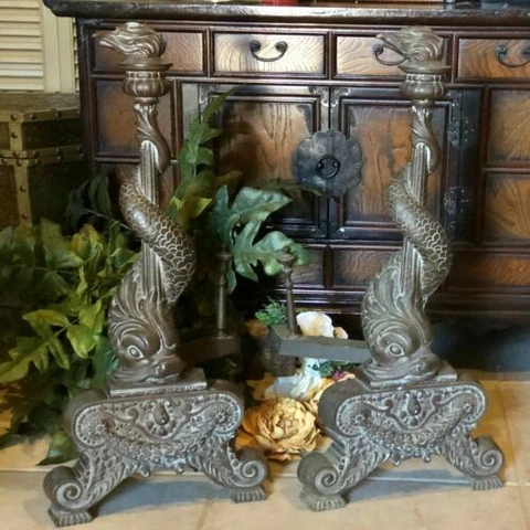 ANTIQUE Bronze Andirons Chenet Firedog Fish / Dragon / dolphin Torch flame 1800s Cover