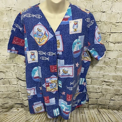 Vintage Simply Basic Medium Blue Teddy Bear Sailing Nautical Snap Scrub Top BB27 - Image 1 of 4