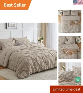 All-Season King Size Comforter Set – 7-Piece Oatmeal Pinch Pleat Design - Picture 1 of 8