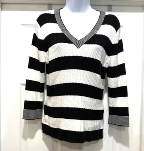 Jeanne Pierre Black White Cable Knit Sweater Long Sleeve Women's Size Large - Picture 1 of 7