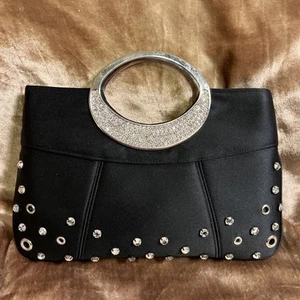 Kate Landry black Satin Rhinestone Cocktail shoulder or Clutch Handbag - Picture 1 of 14