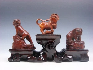 3 Japanese Boxwood Detailed Hand Carved Tiger Netsuke w/ FREE STAND #01182305 - Picture 1 of 9