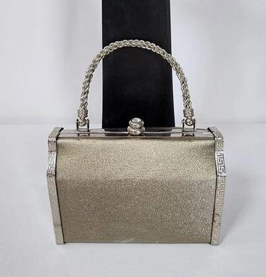 Cartera sin asas pequeña de malla metálica vintage de los años 60 DORADA PLATA cóctel noche formal Foto 1 de 4