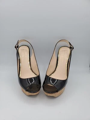 Jessica Simpson 9.5 Preto Vegano Patente Plataforma de Cortiça Salto Stiletto Bomba Peeptoe - Imagem 1 de 4