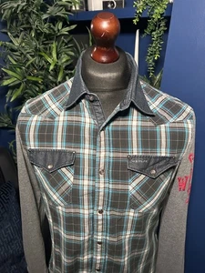 Replay Shirt LS Long Sleeve Blue Black Check Mens Large Western Pearl Snaps - Picture 1 of 6