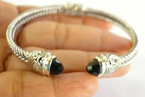 Black Onyx Ornate Balinese 925 Sterling Silver Cuff Bangle Bracelet - Picture 1 of 7