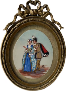 19th Century - French MINI Miniature Gallant Scene Woman with a Fan Man Signed - Picture 1 of 16