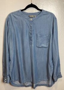 Athleta Chambray Tunic Top Womens XL Blue Tencel High Low Henley Pullover Slits