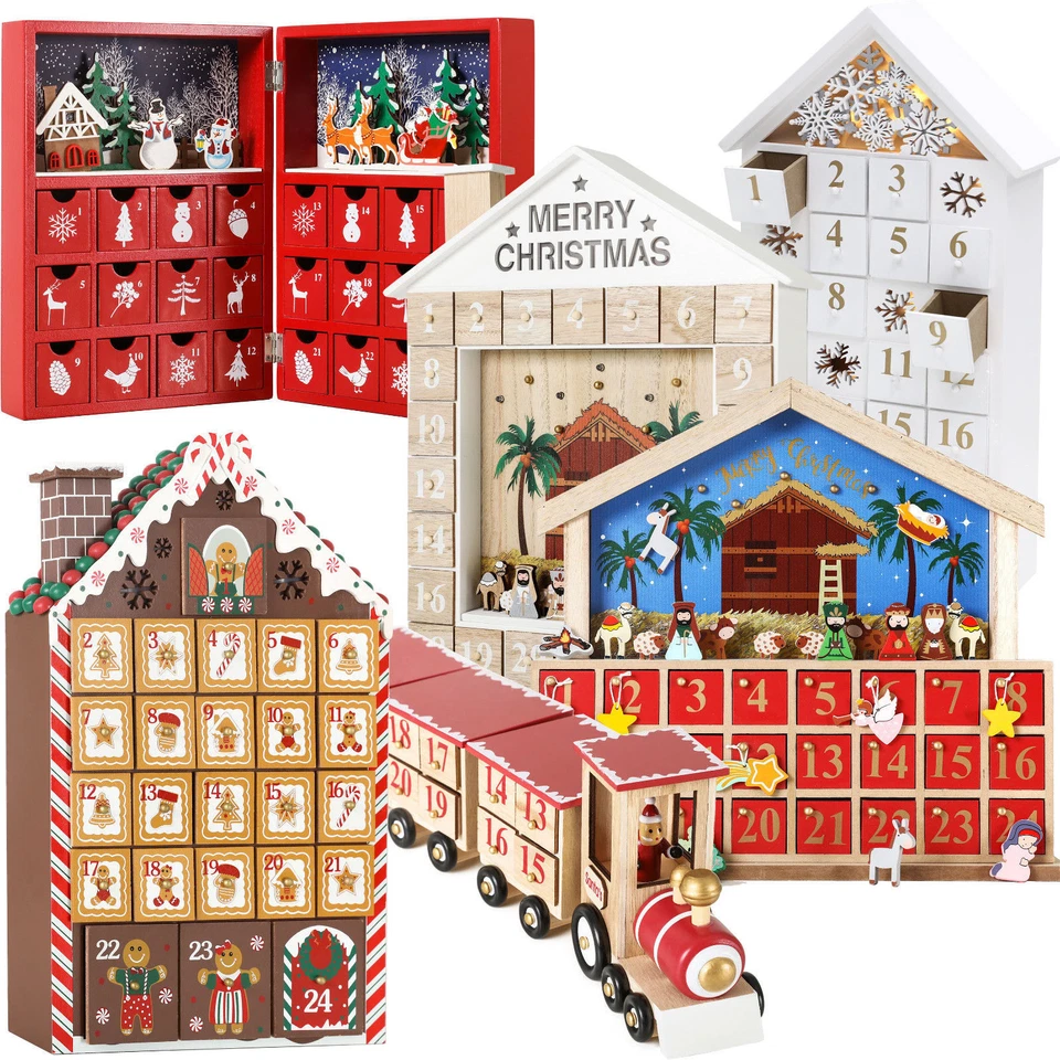 BRUBAKER Wooden Empty Advent Calendar Xmas Train Crib House Forrest Drawers DIY - Image 1 of 1