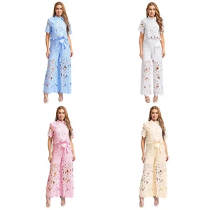 Mujeres Floral Hueco Top Diseño Cinturón Pierna Ancha Pantalones Moda Color Sólido - Imagen 1 de 58