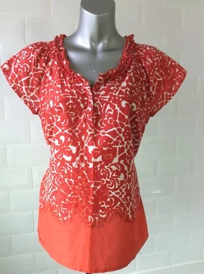SIZE 12 JOHN ROCHA RED ORANGE COTTON BLOUSE TOP BATIK SUMMER HOLIDAYS BEACH - Image 1 of 4