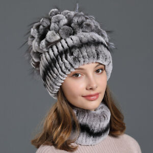Rex Rabbit Fur Hat Beanie Winter Hat Scarf Set, Real Fur Hat, Real Fur Scarf