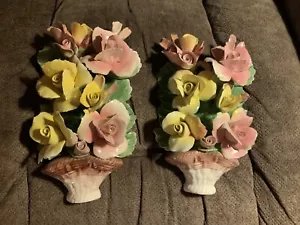 Vintage CAPODIMONTE Blumen Porzellan Wandbehang Neapel, Italien 3er Set - Bild 1 von 9