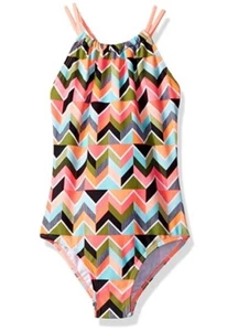 Kanu Surf Girls' Big Jasmine Beach Halter 1pc Swimsuit, Ruby Multi Chevron, 10 - Picture 1 of 2