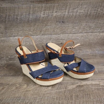 CL by Chinese Laundry Blue Tan WEDGE Leather Open Toe Slingback Women's Size 8 - Image 1 of 4