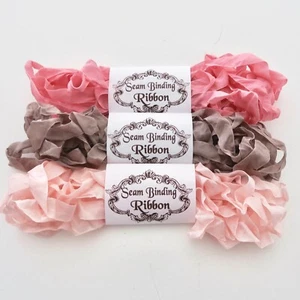 Seam Binding Ribbon-Scrunched Rayon Crinkled Ribbon-Brown-Pink-Sewing-15 YARDS - Picture 1 of 6