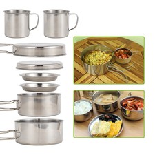 8PCS Camping Cookware Mess Kit Cooking Pot Pan Cup Set Stainless Steel Gear H4E8