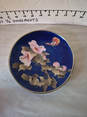 Plato Cloisonne Vintage Japonés Azul Ginbari 7.25" Diámetro Floral y Mariposa Foto 1 de 4