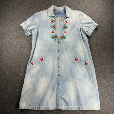 Vestido Camisa Denim Doble D Rancho Bordado Talla L Botón Bolsillos Frontales Foto 1 de 4