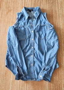 Chambray Cut-out Button Up Shirt S Small Cold Shoulder Denim Top Forever 21 - Picture 1 of 3