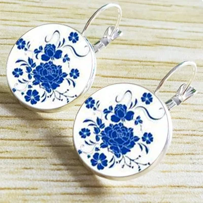 Pendientes de porcelana vintage azul y blanco pendientes de moda minimalista plateados Foto 1 de 2
