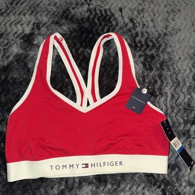 全新带标签 红色 Tommy Hilfiger 棉运动文胸 弹性标志表带 尺寸 特大号 — 第 1/4 张图片