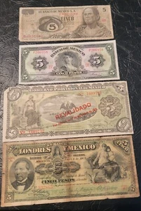 4 MEXICO 5 PESOS NOTES, 1912-14-61-72   E120 - Picture 1 of 2