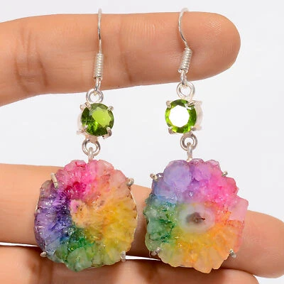 Rainbow Solar Quartz Peridot Gemstone Fashion 925 Silver Earrings 2.1" ARE-4864 - Image 1 of 3