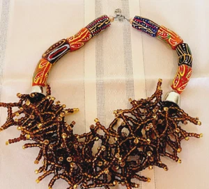 Krobo Beads Chunk Tree Brank Necklace African Tribal Handmade Brown - Picture 1 of 19