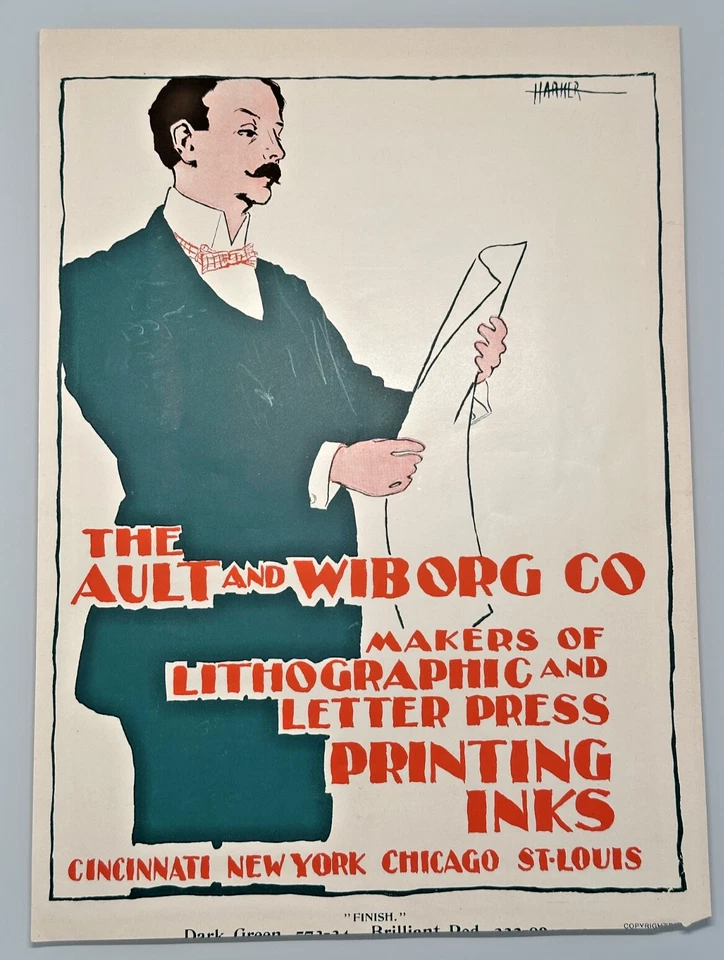 TINTAS DE IMPRESIÓN VINTAGE DE AULT & WIBORG ANUNCIO - HOMBRE EN TRAJE VERDE, CORBATA ROJA FP78 Foto 1 de 4