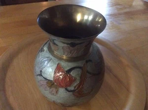 Vintage emaillierte Messing Deko Vase Indien grau/org. Farben 6,5" wunderschön A++ - Bild 1 von 7