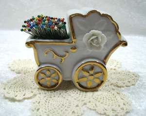 Porcelain Baby Carriage Needle / Pin Cushion, Enesco, Taiwan, Sewing Notions - Picture 1 of 10