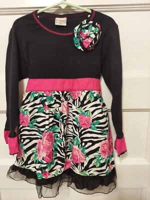 Ann Loren Girl's Size 6 Pink Black White Green Long Sleeve Floral Print Dress  - Image 1 of 4