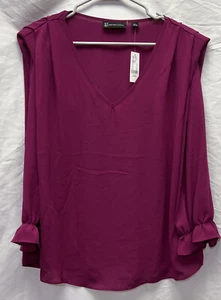 New York& Co Size L Purple Sheer Long Sleeve Tunic Blouse Ruffle Cuff V Neck   - Picture 1 of 8