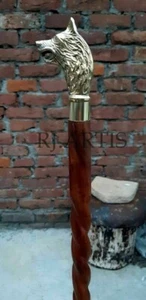 Handmade Walking Stick Solid Brass Wolf Head Handle Wooden Vintage cane - Picture 1 of 10