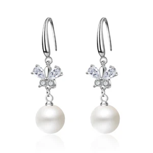 925 Sterling Silver Butterfly CZ Dangle Drop Earrings Women Pearl Gift Box S1 - Picture 1 of 6