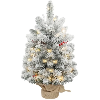 HOMCOM 60 cm Prelit Small Christmas Tree, Snow Flocked Tabletop Xmas Tree - Image 1 of 4