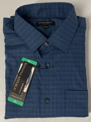 Banana Republic Men's Non-Iron Dress Shirt Slim Fit XL Cotton DARK BLUE PLAID - Image 1 of 4