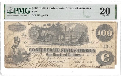 T-39 $100 Confederate Train Straight Steam PMG VF20 May 5, 1862 First Day Issue! - Image 1 of 4