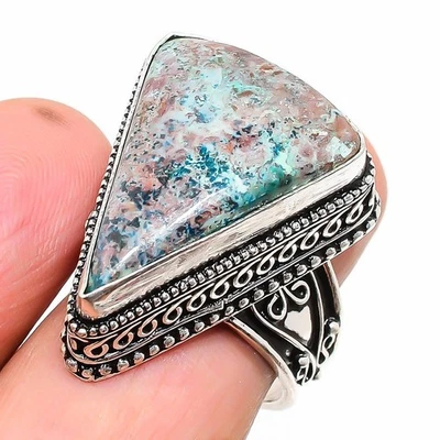 Кольцо из стерлингового серебра 925 пробы с натуральным этническим драгоценным камнем хризоколлой размер 8 F219 - Изображение 1 из 4