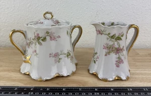 Haviland France Cream and Sugar with Lid Pink Flowers Roses Floral With Gold - Picture 1 of 10