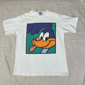 Camicia Road Runner Vintage Uomo Medium M Bianca Made in USA Looney Tunes Big Face - Foto 1 di 9
