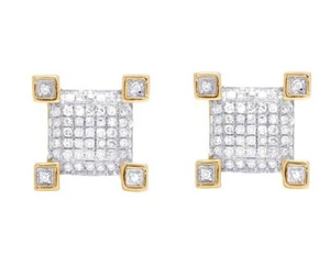 Unisex Real 10K Yellow Gold Genuine Diamond Square Stud Earring 1/5 Ct 9MM - Picture 1 of 6