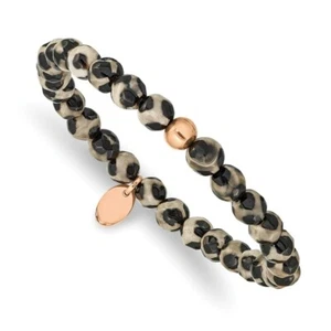 Stainless Steel Polished Rose IP Black and White Agate Stretch Bracelet - Picture 1 of 3